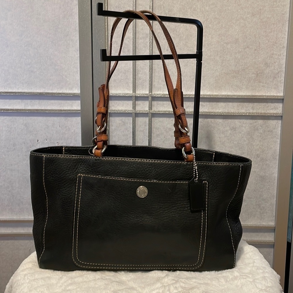 COACH black satchel purse with brown leather straps - Picture 1 of 12